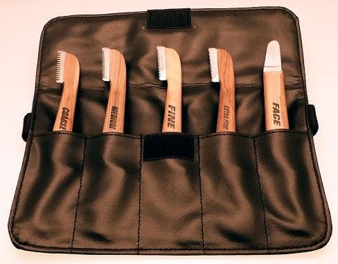 Aaronco Set of 5 Dog Stripping Knives in leather case