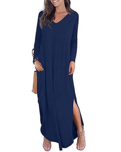 Kidsform Robe Longue Femme Robe Maxi Soirée Cocktail Hiver Manches Longues Courtes Robe Grande Taille Imprimé Robe Plage été Col Rond Avec Fente