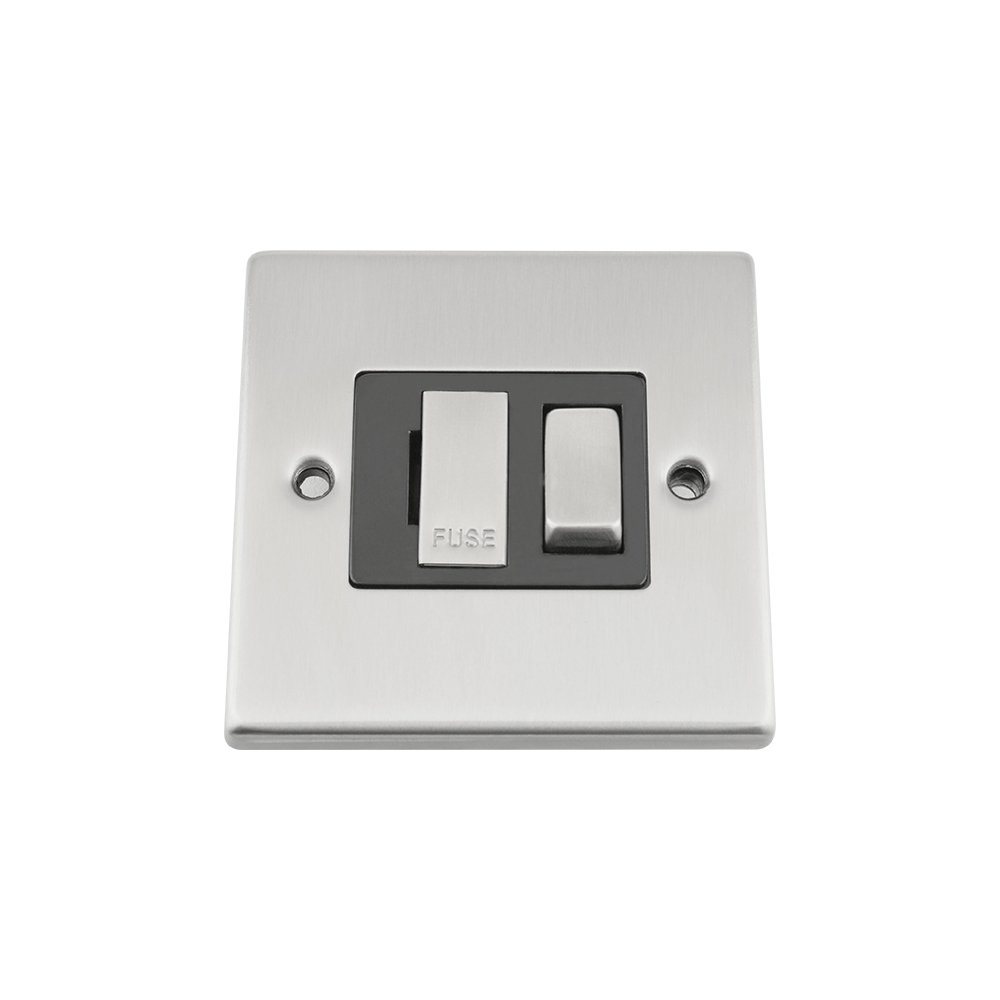 Switched Fused Spur Switch - Satin Chrome - Square - Black - Metal Rocker Switch - 13 Amp