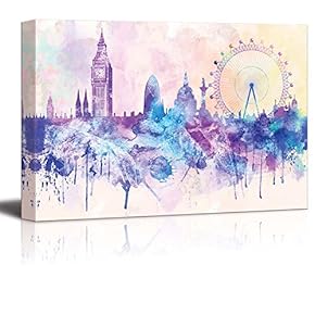 Hues of Purples and Pinks Splattered Paint on The City of London with The Big Ben and The London Eye - Canvas Art Home Art - 12x18 inches
