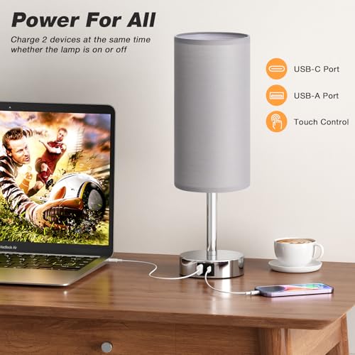 Aooshine Bedside Lamps, Table Lamp with 2 USB Charging Ports & 3-Way Dimmable Touch Control, Touch Lamps Bedside with Grey Shade, Small Lamp with for Bedroom/Living Room/Study(Bulb Included)