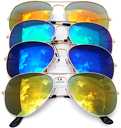 OWL Aviator Sunglasses Vintage Gold Metal Frame Assorted Mirror Lenses (4 PACK)