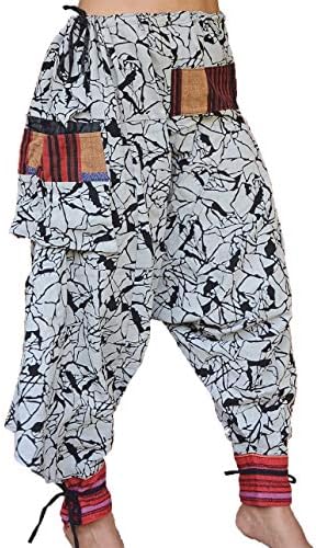 Paisley Harem Pants - Thai Hill Tribe Fabric with Drawstring, Ankle Straps and Hanging Pocket