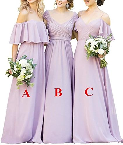 Women's Ruffles Chiffon Floor Length Bridesmaid Dresses Elegant Off the Shoulder Wedding Evening Gowns Lilac-c US12