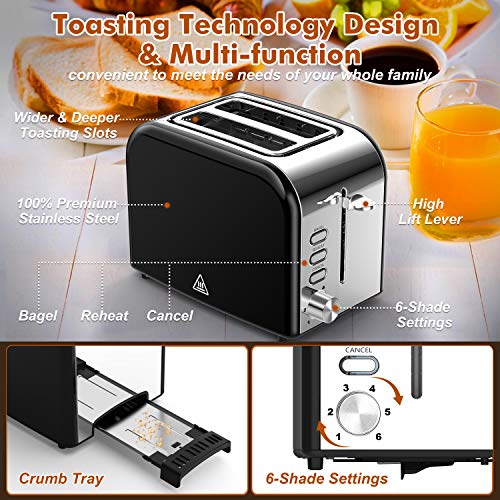 Toasters 2 Slice Best Rated Prime 1.5in Wide Slot with Bagel/Reheat/Cancel Function Stainless Steel Cool Touch 2 Slice Black Toaster for Bread with Removable Crumb Tray