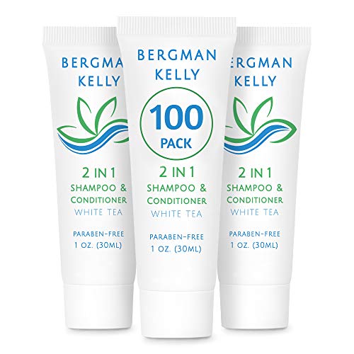 BERGMAN KELLY Travel Size Shampoo & Conditioner 2 in 1 (1 Fl Oz, 100 PK, White Tea), Delight Your Guests with Revitalizing and Refreshing Shampoo Amenities, Quality Small Size Hotel Toiletries in Bulk