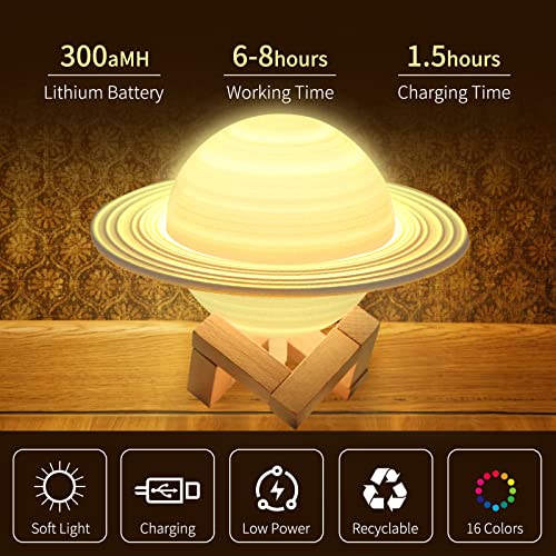 Kids Lamp with 6.5 inches,Saturn Planets Lamp for Kids,3D LED Night Light for Kids,16 Colors Lamps,Touch lamp & Remote Control Lamp Kids,USB Rechargeable,Planet Models for Kids
