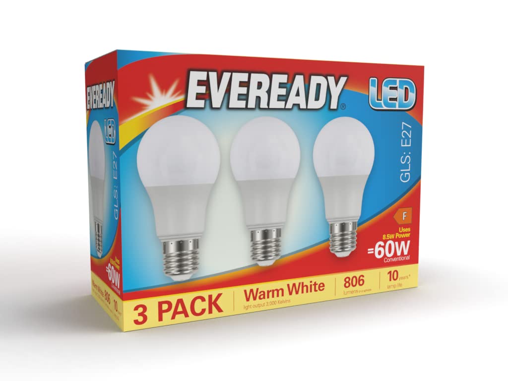 Eveready E27 Screw Bulb - Warm White LED Bulb for Ceiling Lights & Lamps - Long Lasting & Energy Saving 3000k 806 Lumen 60w Equivalent - Pack of 3