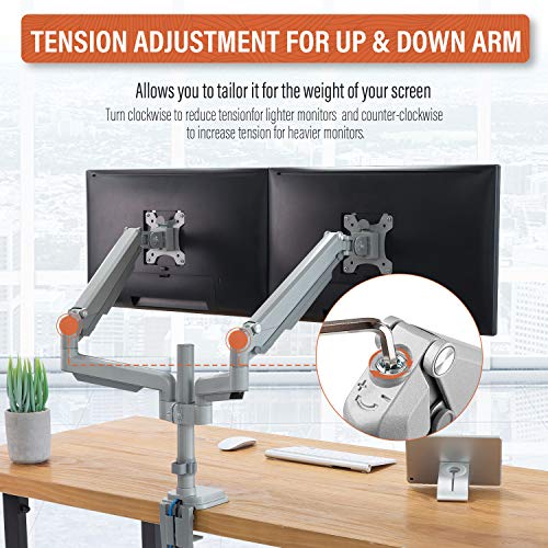 PUTORSEN® PC Dual Monitor Arm - Aluminum Ergonomic Height-Assisted Full Motion Heavy Duty Double Arm Desktop Clamp Mount for 17–32” Screens VESA 75 to 100mm Weight up to 9kg (USB3.0 & Audio Ports)