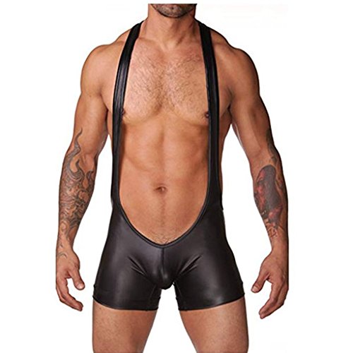 YiZYiF Men Sexy Wrestling Singlet Faux Leather Underwear Lingerie Bodysuit Pants