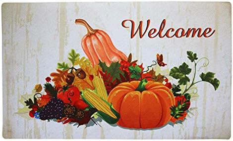 WHY Decor Pumpkin Autumn Doormat with Acorn Fruits Corns Maple Leaves Welcome Doormat Fall Welcome Pumpkin Mat Low Profile Door Mat Garage Rug Non Slip Doormat Rubber Backing Door Mat Entrance Rug