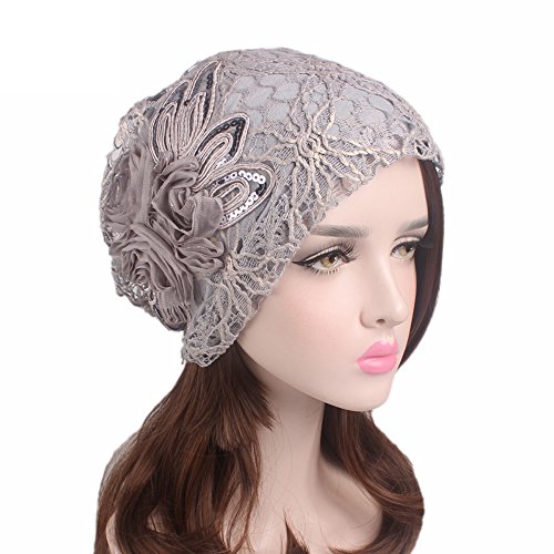 Wcysin Women Embroidery Net Turbans Headwear Head Scarf Head wraps Cancer Hats (Grey)