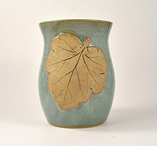 Pottery Untensil Holder Vase with Coral Bell Leaf Handmade Wheel Thrown Pottery by Seagrapes Studio