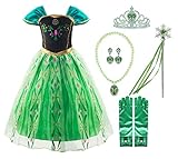 Padete Little Girls Anna Princess Dress Elsa Snow Party Queen Halloween Costume (5 Years, Green with 02Accessories)