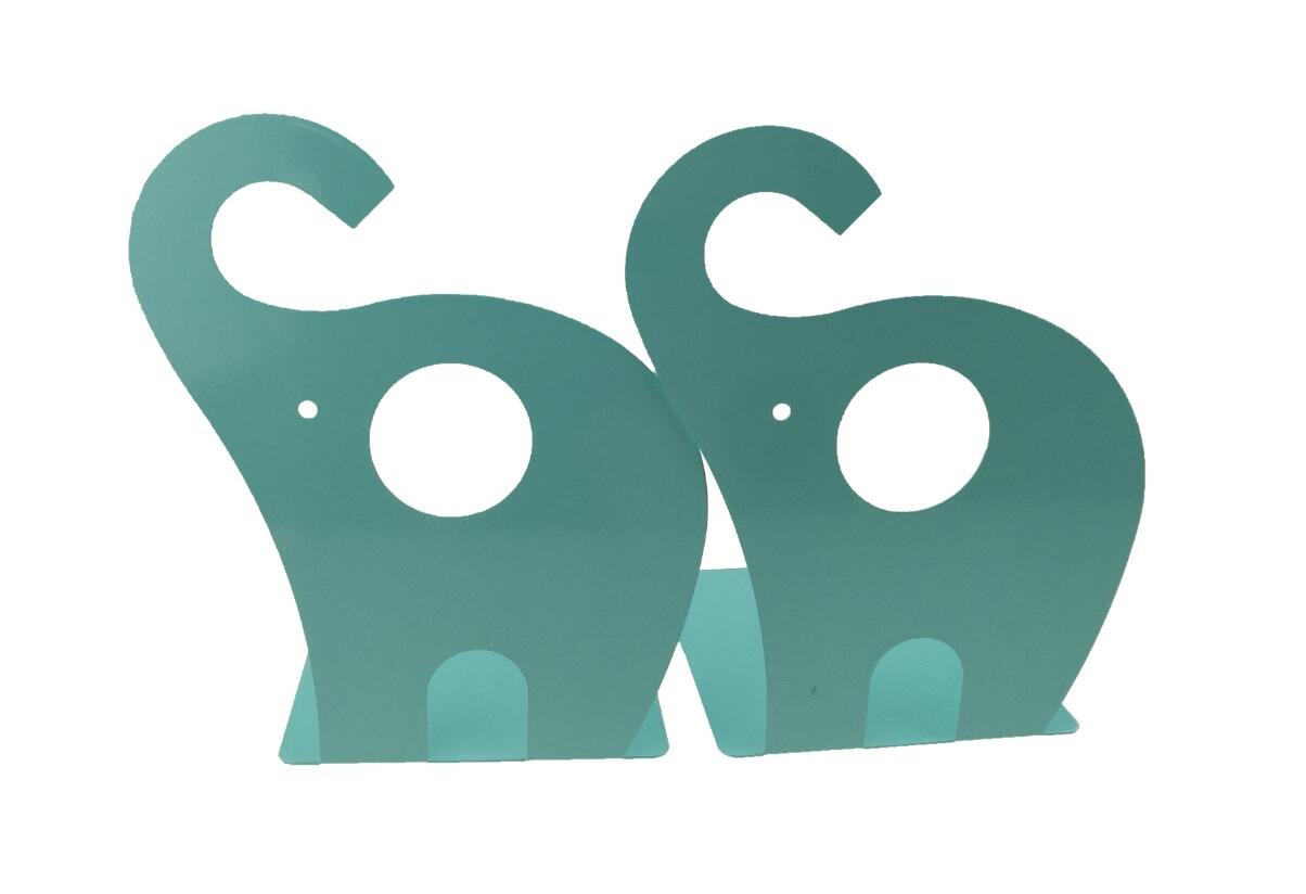 Winterworm Cartoon Cute Elephant Pattern Nonskid Metal Office Desk Bookends (Blue Green)