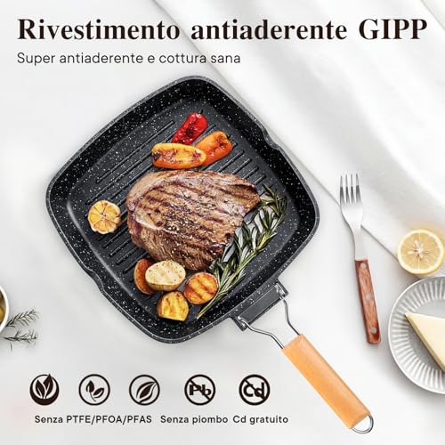 GiPP Non-Stick Grill Pan 34 x 24 cm with Folding Handle | Suitable for all types of stoves, induction, gas, ceramic, electric, aluminium, easy to store and save space