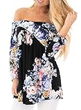 Dokotoo Women Casual Summer Ladies Cotton Floral Print Off Shoulder Tunic Blouses and Tops Black Large