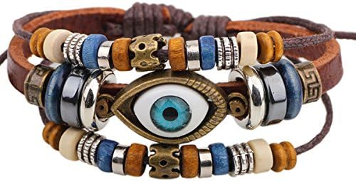 Gilind Vintage Charm Multilayer Woven Wrap Evil Eye Adjustable Leather Bracelet Unisex + Gift Bag