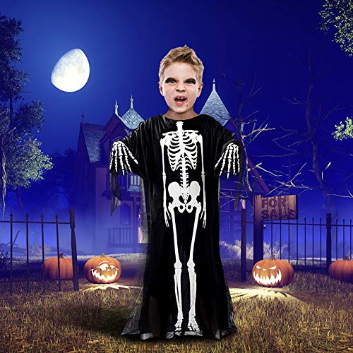 BigOtters Halloween Skeleton Costume, 2PCS Ghost Bones Horror Costume and Skeleton Gloves for Boys Girls Cosplay Child Favor Halloween Dress up Dance Party Black