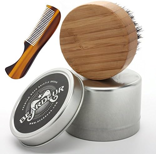 Small Beard Brush with Mustache Comb for Beard Grooming, Comes in Travel Metal Container, Great Beard Kit For Your Bearded Man