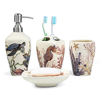 FORLONG FL3014 Sea Turtle Seahorse Sea Coral Starfish Ceramic Bathroom Accessories Set of 4:1 Gargle Cups,1 Toothbrush… 51GDOa32OaL. SS400