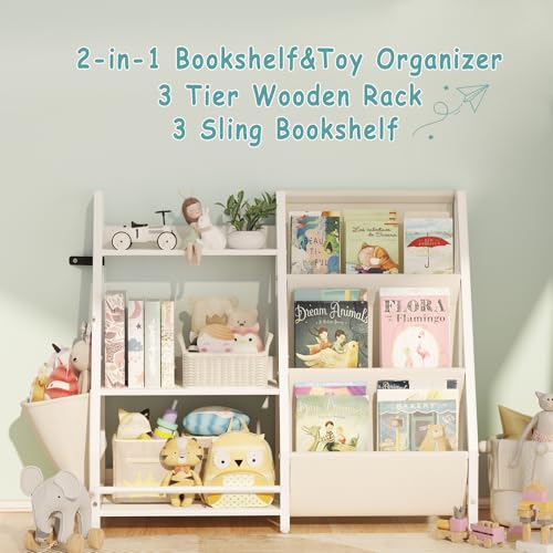 Kids Bookshelf and Toy Organizer, Montessori Bookcase and Toy Storage for Kids Room, 3 Tier Sling Book Rack for Toddler, Children Book Display Shelf for Nursery, Bedroom, Playroom, Classroom