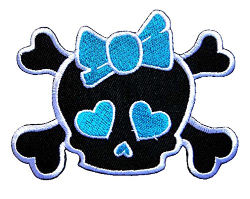 Cute Pretty Skull Crossbones Girl with Blue Bow Punk Rock Embroidered Iron on Patch Free Shipping
