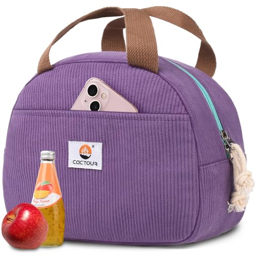 CaCTOUR Lunch Box Lunch Bag for Women Girls Teens, Cute Lunch Box Cooler Bag, Portable Small Insulated LunchBox Reusable Corduroy Lunch Tote for Work/Travel/Picnic/School (Purple)