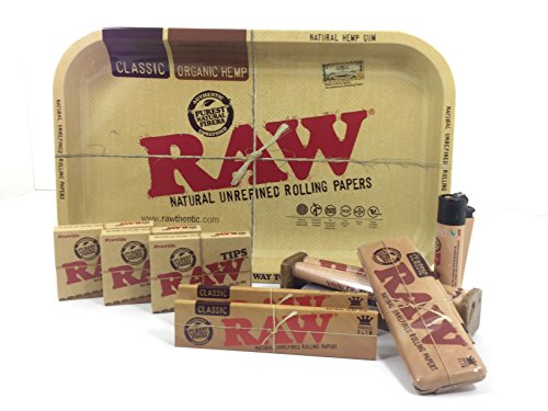 Raw 9 Piece Bundle - Raw Rolling Tray, 110 mm Roller, 2 Packs KS Slim, 3 Prerolled Tips, KS Paper Tin, Clipper Lighter