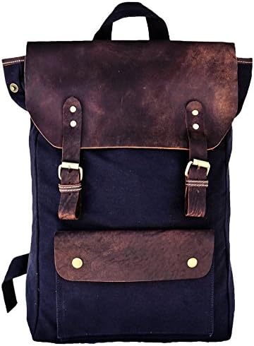 AOL Buffalo &amp; Canvas Backpack, Vintage Leather Laptop Backpacks Rucksack for Women and Men fits 15.6 Inch Laptop