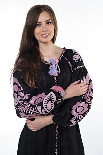 Embroidered belted dress “Boho”, 100% linen, black colour (S)