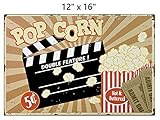 UNiQ Designs POPCORN Cinema Decor Media Room Decor Tin Signs Theater Sign - Movie Room Decor Accessories - Film Decor - Home Movie Theater Decor - Movie Reel Wall Decor - Vintage Movie Decor 12x16
