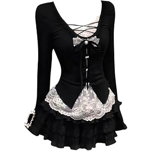 Xojbzoo Y2K Black Lace Skirt Set Fake Two-Piece | Retro V-neck cross-back lace ties, pearl bow, ruffled hem, white lace trim,
