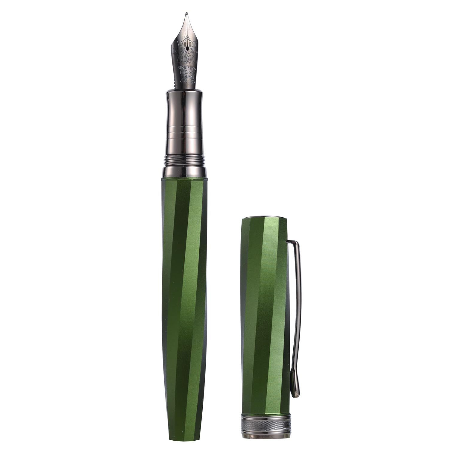 Hongdian N11 Fountain Pen, Titanium-Coated Black Fine Soft Nib, Grass Green & Twill Geometric Design with Metal Case Set