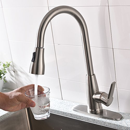 Hotis Modern High Arc 1 or 3 Hole Single Handle Stainless Steel Prep Sprayer Pull Out Pull Down Sprayer Kitchen Sink Faucet,Brushed Nickel with Deck Plate