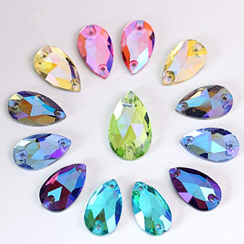 Teardrop Crystal AB Sew On Rhinestone Droplet Glass Sewing Stones Sew-on Beads with 2 Holes for Wedding Dress (mix AB, 7x12mm)