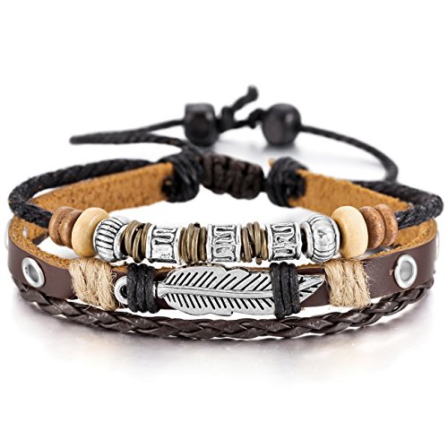 MOWOM Brown Silver Tone Alloy Genuine Leather Bracelet Angel Wing Feather Surfer Wrap Adjustable
