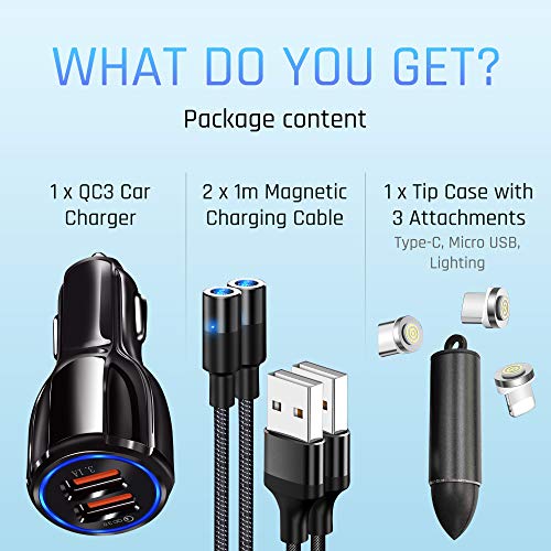 2020 Ultimate car Cell Phone Charging Bundle Magnetic Charge Cable by Wuteku. QC3 USB Charger, 2X 3.3ft Nylon Braided Cord Support Data Transfer, Super Fast 3.A. 3in1 Magnet, Micro, Type-C, iProd
