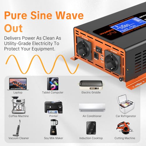 SolaYnc 3000W/6000W 12V 220/230V Pure Sine Inverter DC AC Sine Wave Inverter, with LCD Display, Remote Control, 2 EU AC Sockets, Type-C 30W Interface and USB Port, for Cars, Boats, Trucks