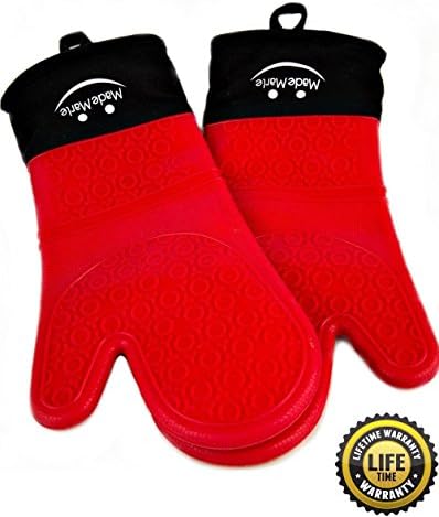 Oven Mitts Commercial Grade - Extra Long Quilted Cotton Lining - Heat Resistant - 1 Pair, 14.7 Inch (Red) - MadeMarle