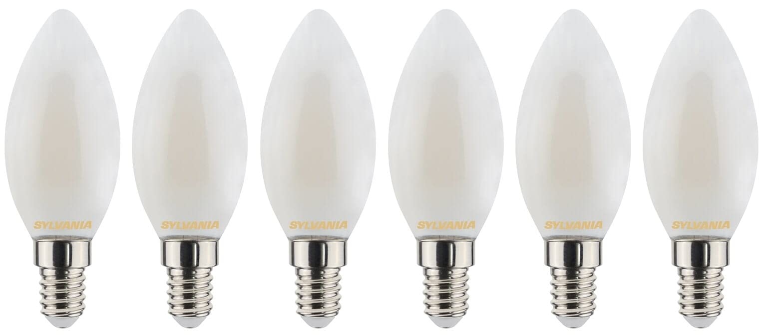 SYLVANIA Candle Frosted LED Light Bulb, Dimmable, E14, 4.5W, 470 Lumens, Warm White 2700K - 6 Pack