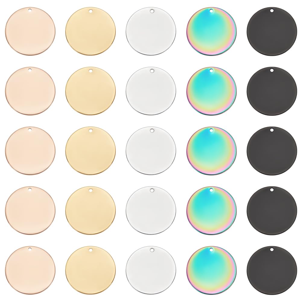 UNICRAFTALE 30pcs 5 Colors Round Metal Engarving Blanks Stainless Steel Pendants Smooth Blank Tags Pendants Charms for Jewelry Key Pet Dog Tags Making and Crafts DIY 25mm
