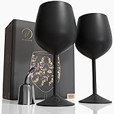 vaanshie 17oz Stainless Steel Wine Glasses [Set of 2] – Black-Plated Royal Goblets with Intricate Baroque Engravings, Unbreakable Cups for Valentines Day (Matte Black 2 Pack with Wine Stopper)