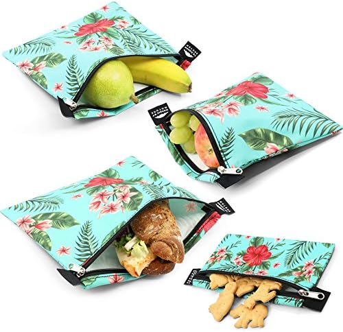 Nordic By Nature Premium Sandwich & Snack Bags (Green Flower) | Designer Set of 4 Pack | Resealable, Reusable and Eco Friendly Dishwasher Safe Lunch Bags | Functional Easy Open Zipper | Great Value Ba