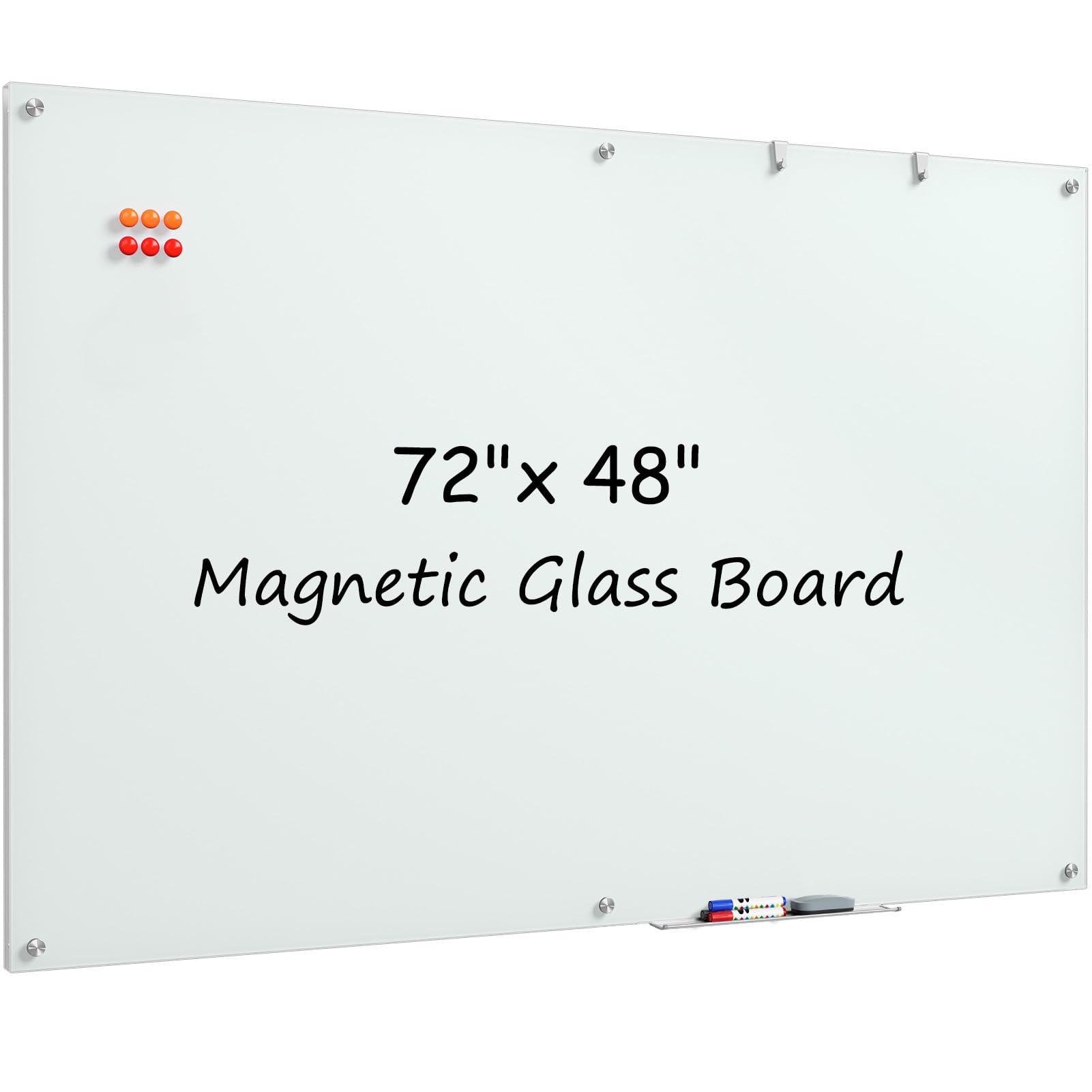 Photo 1 of **SCRAPE ON EDGE. SCRATCH ON CENTER **MaxGear Glass White Board 72"x48"(6' x4'), Wall Mounted Magnetic Glass Dry Erase Board, Extra Large Frameless Whiteboard with 1 Eraser,3 Markers and 6 Magnets for Office, School, Home