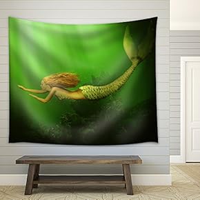 Fantasy. Beautiful Woman Mermaid with Fish Tail and Long Developing Hair Swimming in The Sea Underwater - Fabric Wall Tapestry Home Decor - 51x60 inches