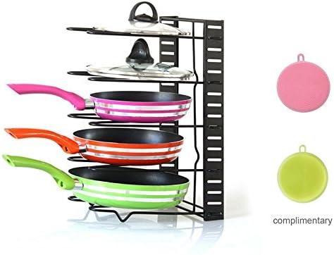 Jesauge Adjustable Pan Pot and Bakeware Organizer Rack with Free 2 pack Silicone Dish Sponge
