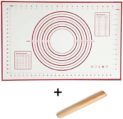 Sfb Silicone Fiberglass Baking Mats 23.6x15.7in and Wood Rolling Pin 8.27in SET (Red)