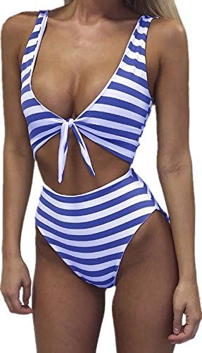 CNJFJ Women Sexy Tie Knot Front Striped Monokini Cutout One Piece High Waisted Swimsuits Swimwear Bikini