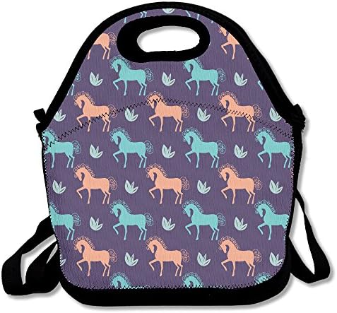 DASENCO Horse Tulip Pattern 100% Polyester Zipper Portable Lunch Picnic Handbag Bag Waterproof Insulated Food Container School Office Travel Outdoor Work Lunch Bag Tote